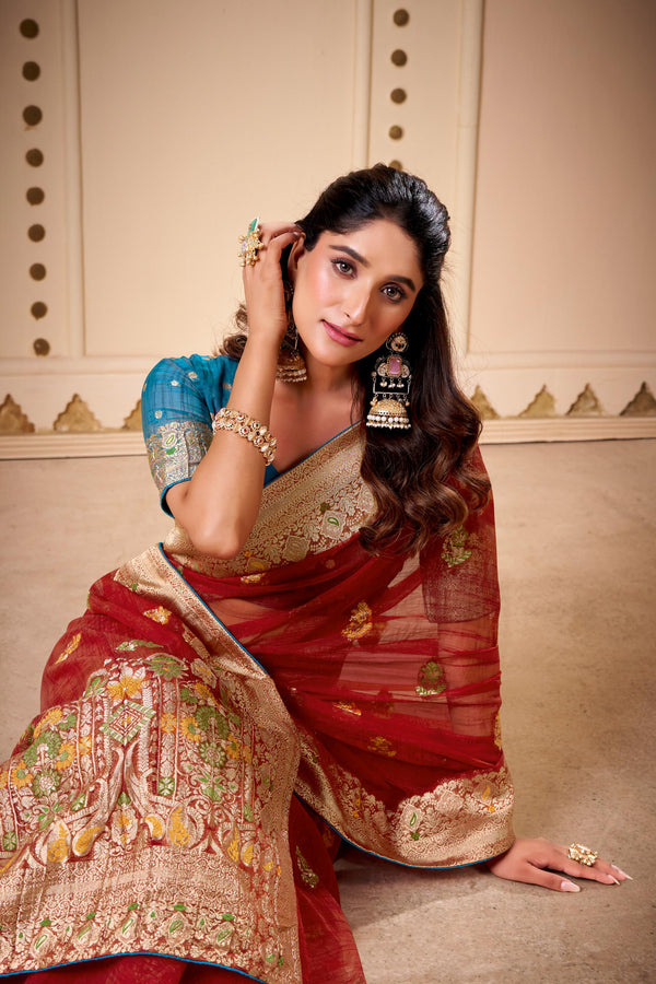 Jimmy Chu Woven Design Butta Work Weaving Handloom Saree With Blouse Piece