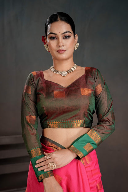 Soft Silk Chitt Pallue With Contrast Blouse Weaving Saree