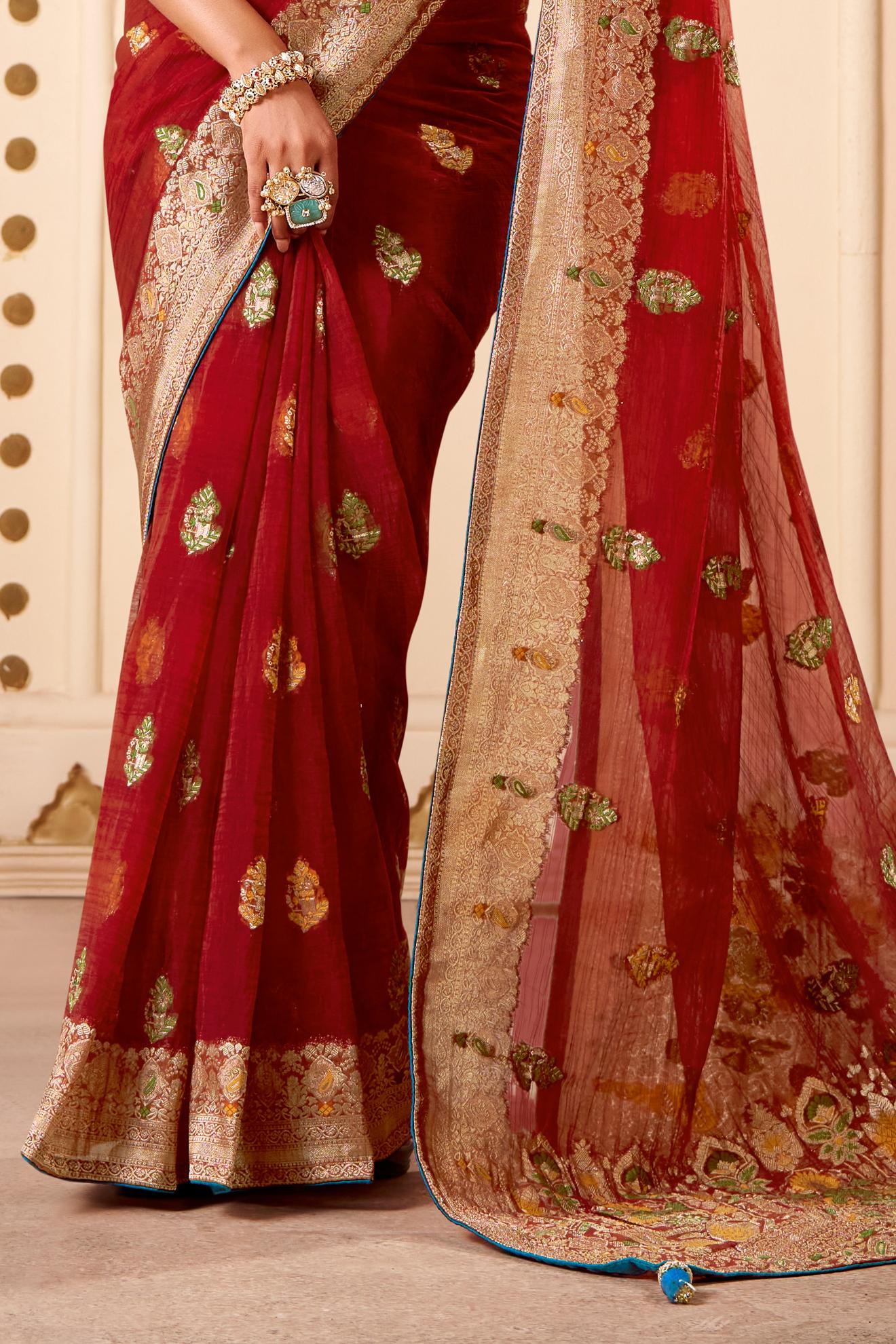 Jimmy Chu Woven Design Butta Work Weaving Handloom Saree With Blouse Piece