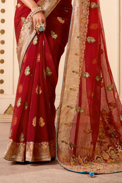 Jimmy Chu Woven Design Butta Work Weaving Handloom Saree With Blouse Piece