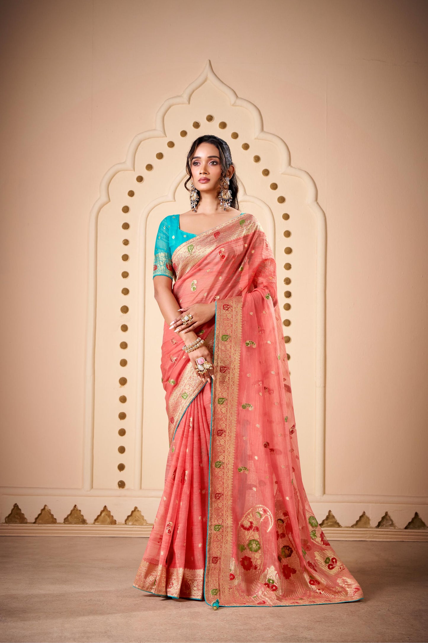 Jimmy Chu Woven Design Butta Work Weaving Handloom Saree With Blouse Piece