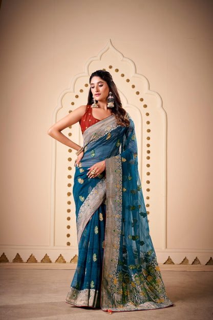 Jimmy Chu Woven Design Butta Work Weaving Handloom Saree With Blouse Piece