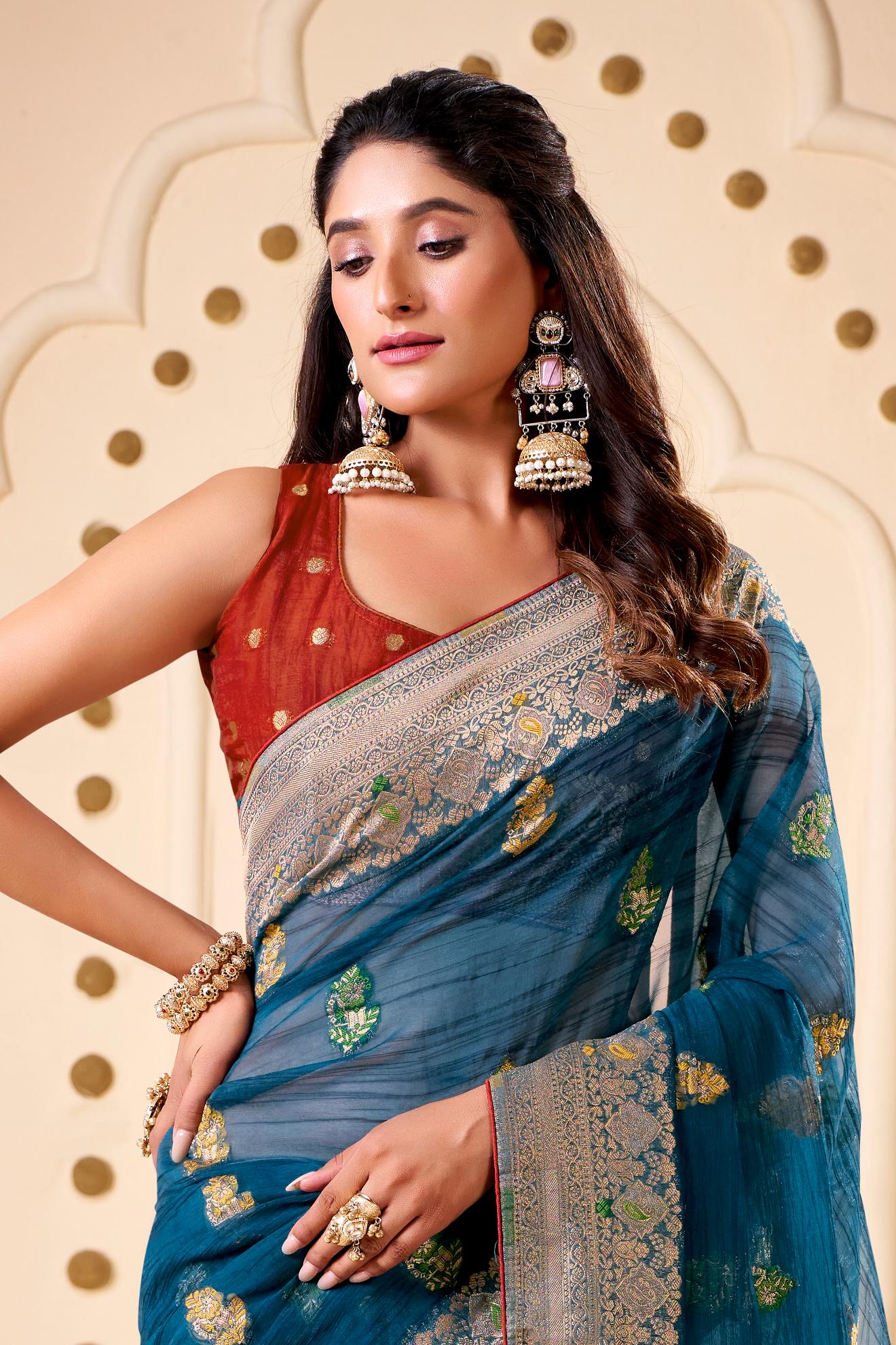 Jimmy Chu Woven Design Butta Work Weaving Handloom Saree With Blouse Piece