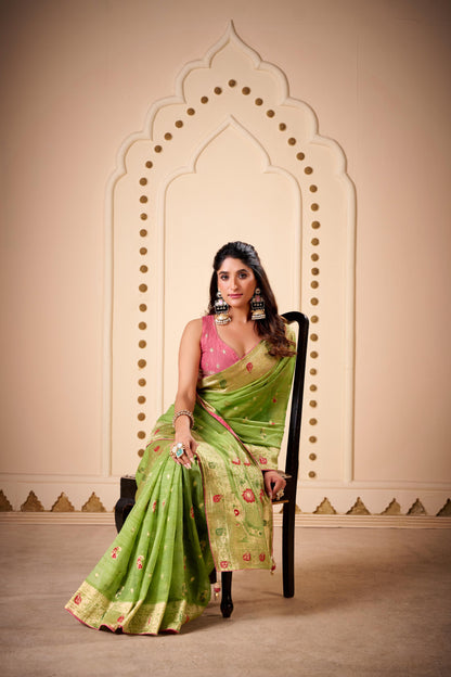 Jimmy Chu Woven Design Butta Work Weaving Handloom Saree With Blouse Piece