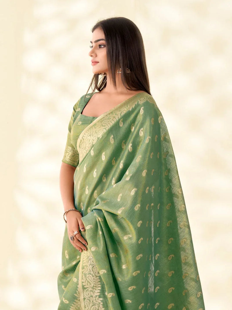Soft Tissue Linen With Big Jaquard Pallu Handloom Silk Saree - EZBER