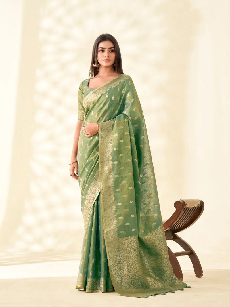 Soft Tissue Linen With Big Jaquard Pallu Handloom Silk Saree - EZBER