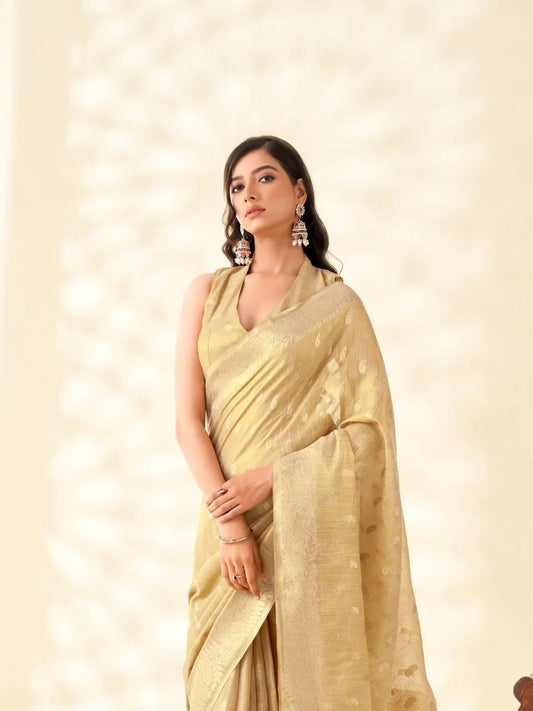 Soft Tissue Linen With Big Jaquard Pallu Handloom Silk Saree - EZBER