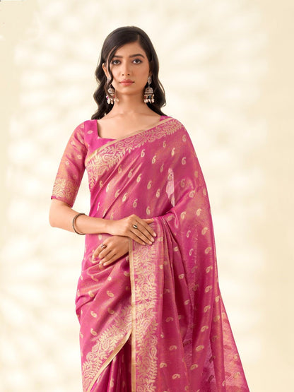 Soft Tissue Linen With Big Jaquard Pallu Handloom Silk Saree