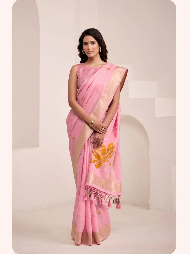 Soft Linen With Big Jaquard Pallu Handloom Saree - EZBER