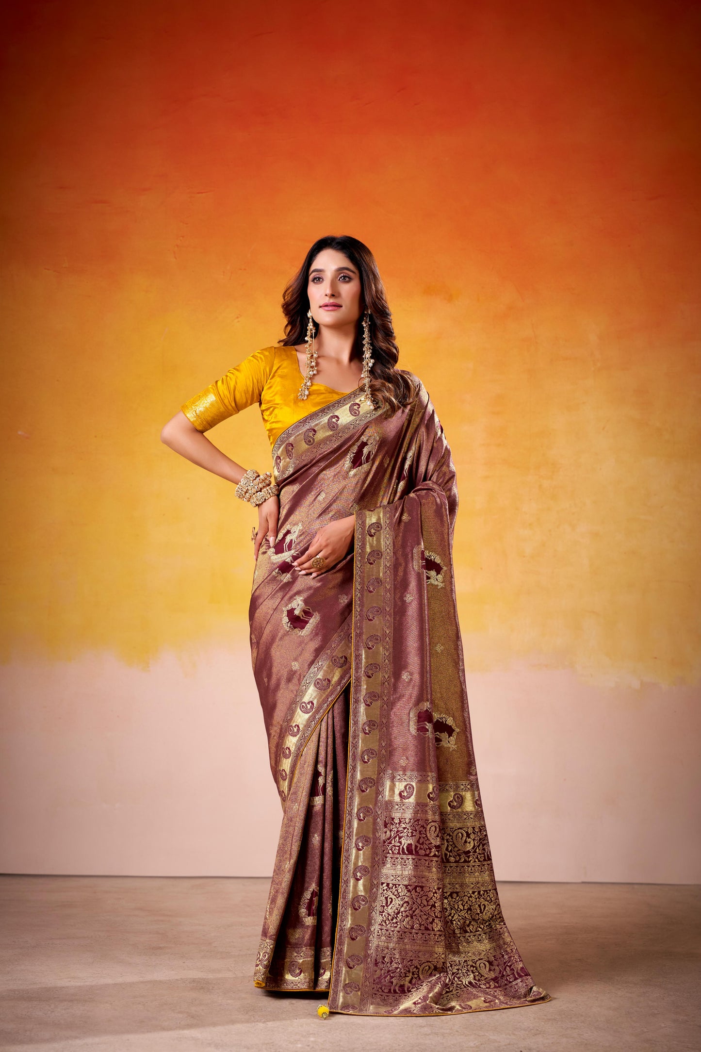 Satin Tissue Woven Design Jacquard Work Handloom  Saree With Blouse Piece