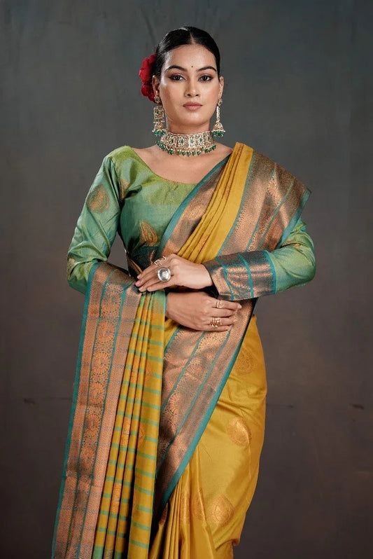 Soft Silk Chitt Pallue With Contrast Blouse Weaving Saree - EZBER