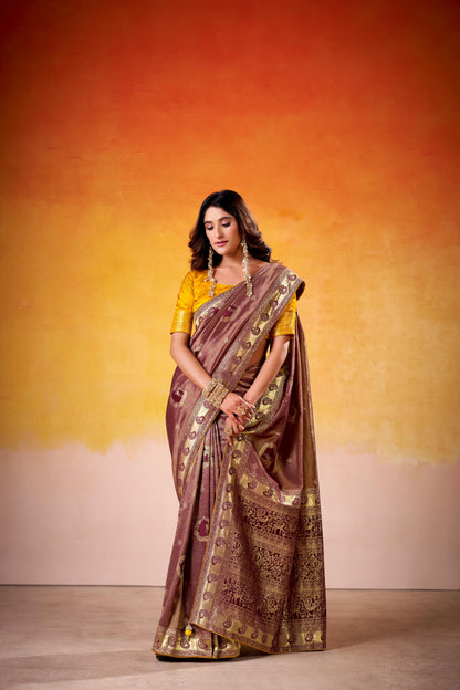 Satin Tissue Woven Design Jacquard Work Handloom  Saree With Blouse Piece