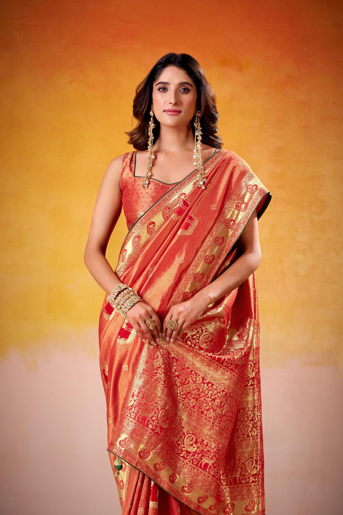 Satin Tissue Woven Design Jacquard Work Handloom  Saree With Blouse Piece