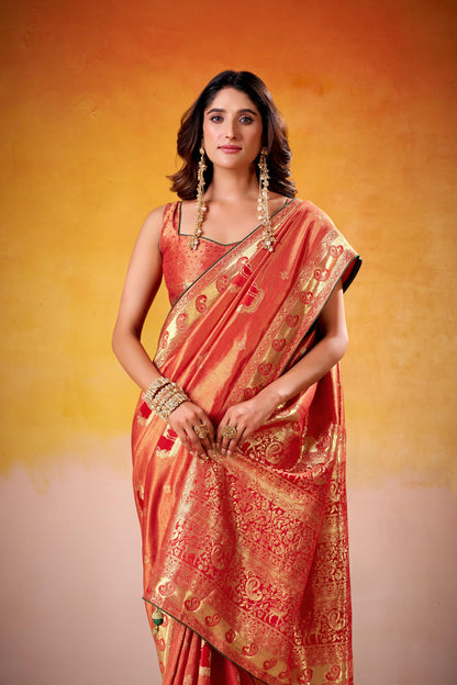 Satin Tissue Woven Design Jacquard Work Handloom  Saree With Blouse Piece