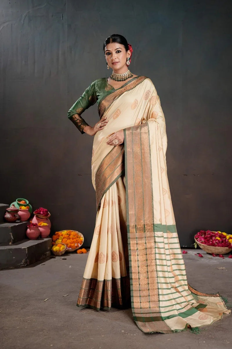Soft Silk Chitt Pallue With Contrast Blouse Weaving Saree - EZBER