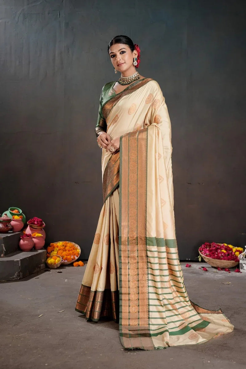 Soft Silk Chitt Pallue With Contrast Blouse Weaving Saree - EZBER