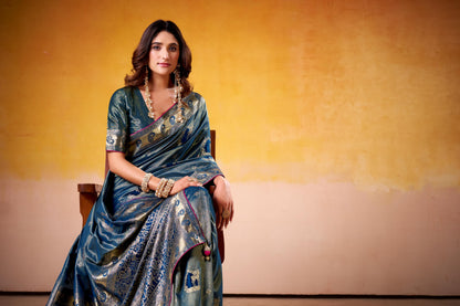 Satin Tissue Woven Design Jacquard Work Handloom  Saree With Blouse Piece