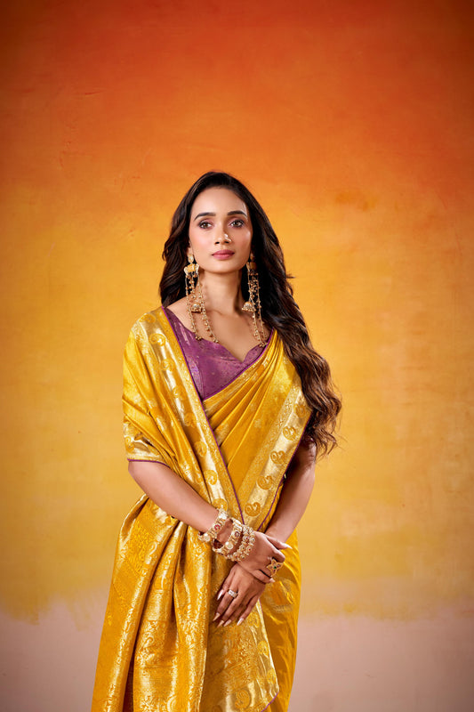 Satin Tissue Woven Design Jacquard Work Handloom  Saree With Blouse Piece