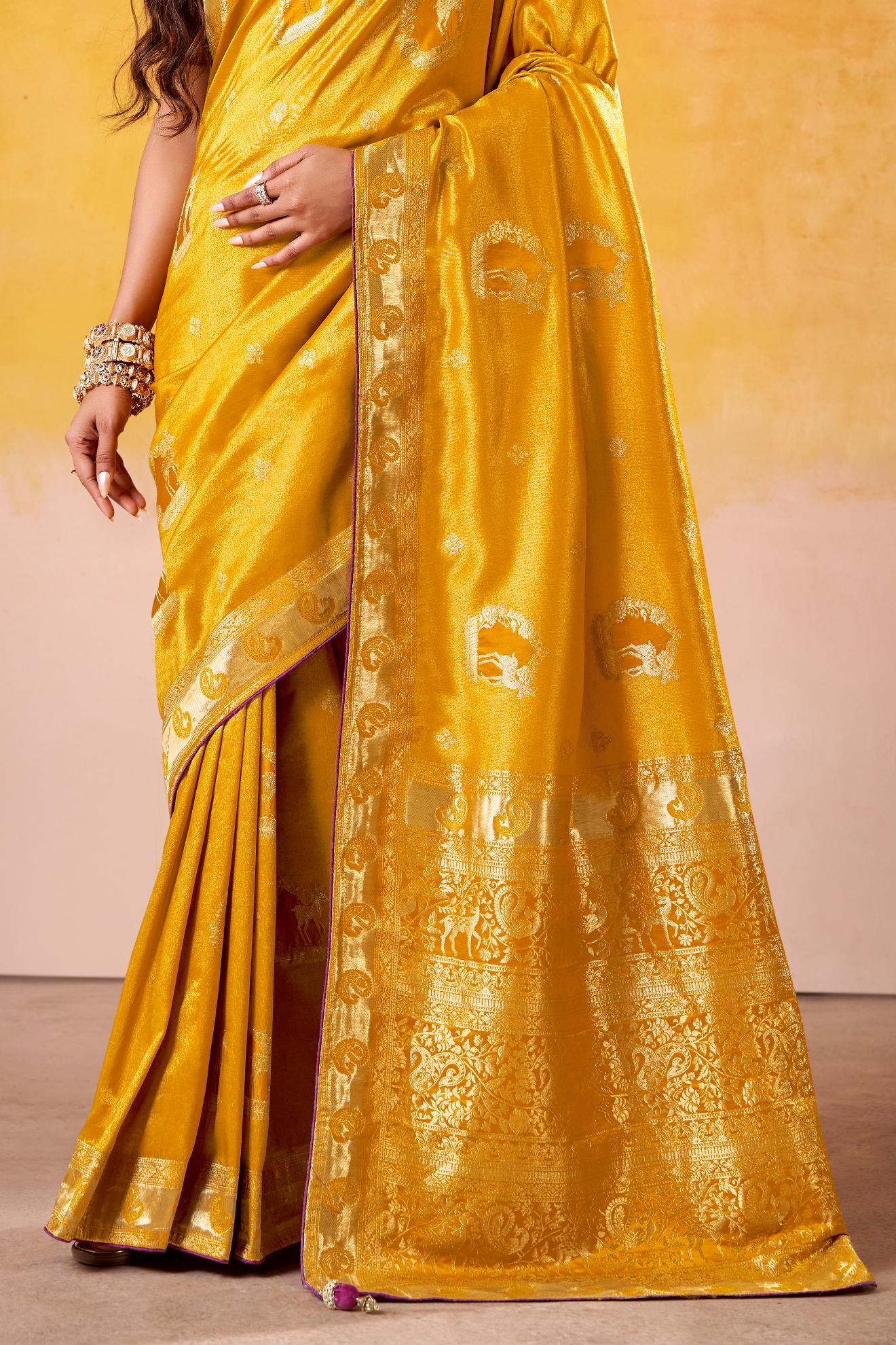 Satin Tissue Woven Design Jacquard Work Handloom  Saree With Blouse Piece