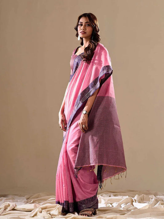 Pink Cotton Festive Wear Saree With Blouse Piece - EZBER