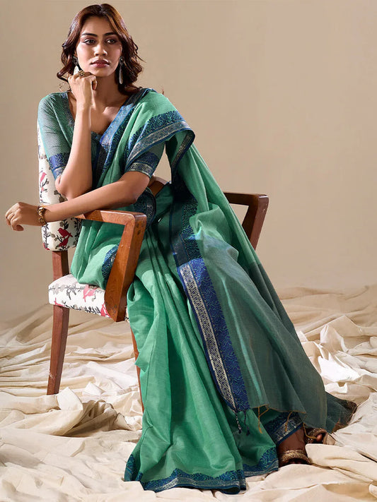 Green Cotton Festive Wear Saree With Blouse Piece - EZBER