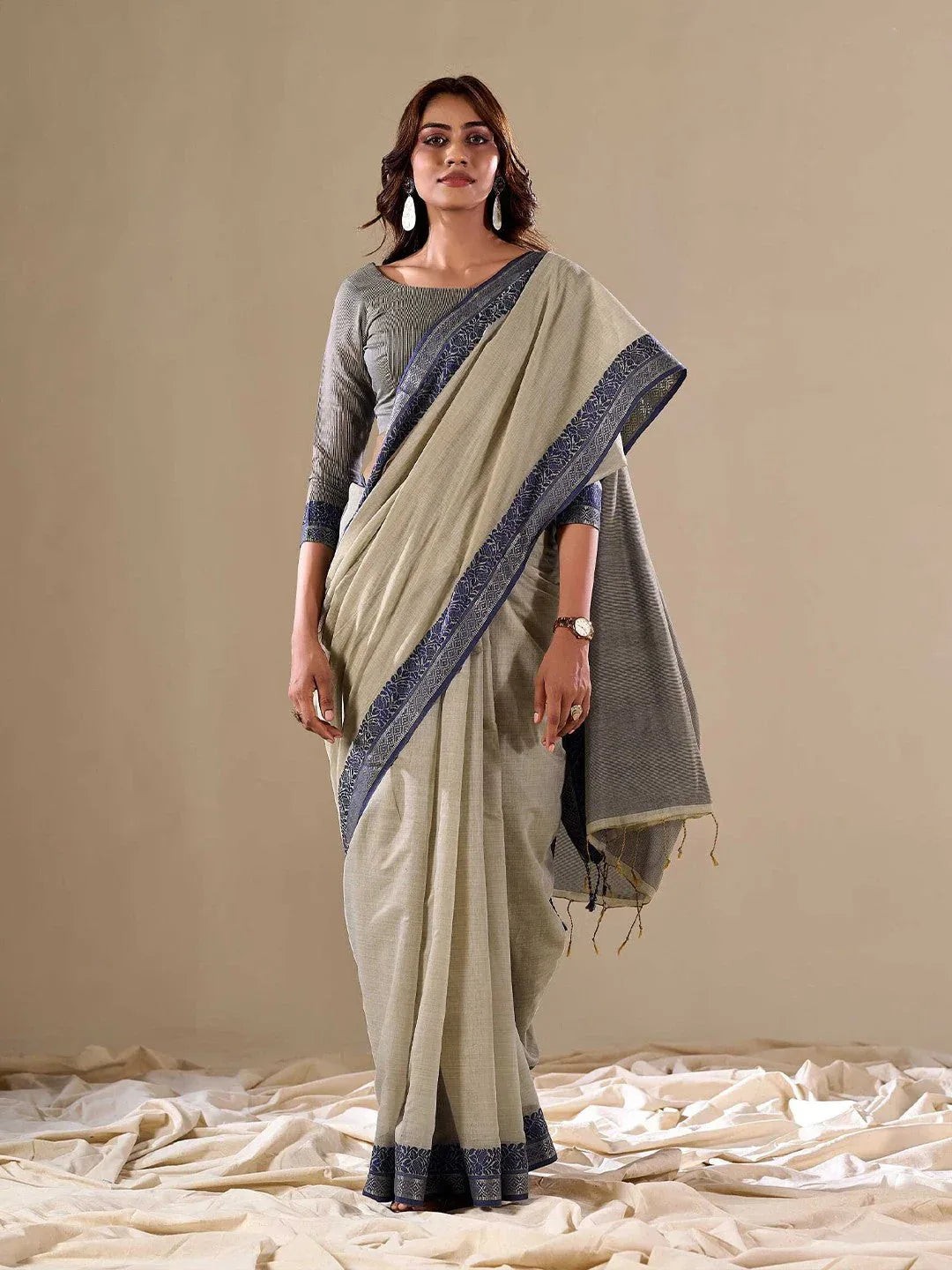 Grey Cotton Festive Wear Saree With Blouse Piece - EZBER