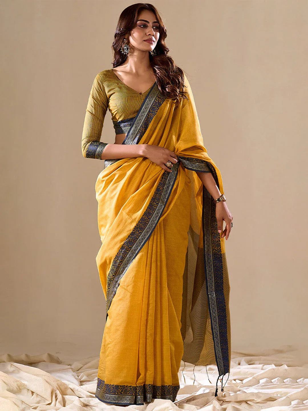 Yellow Cotton Festive Wear Saree With Blouse Piece - EZBER