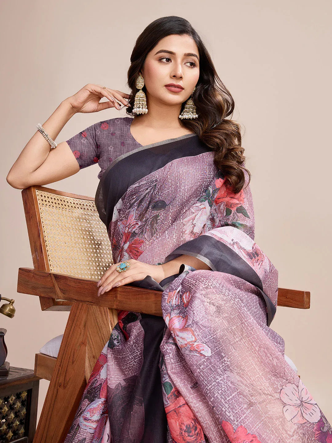 Black Linen Blend Saree With Blouse Piece - EZBER