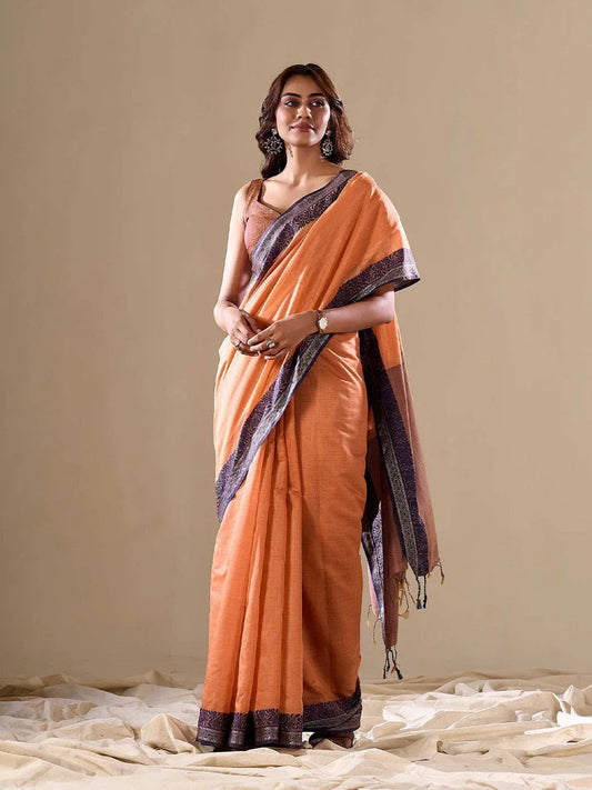 Orange Cotton Festive Wear Saree With Blouse Piece - EZBER