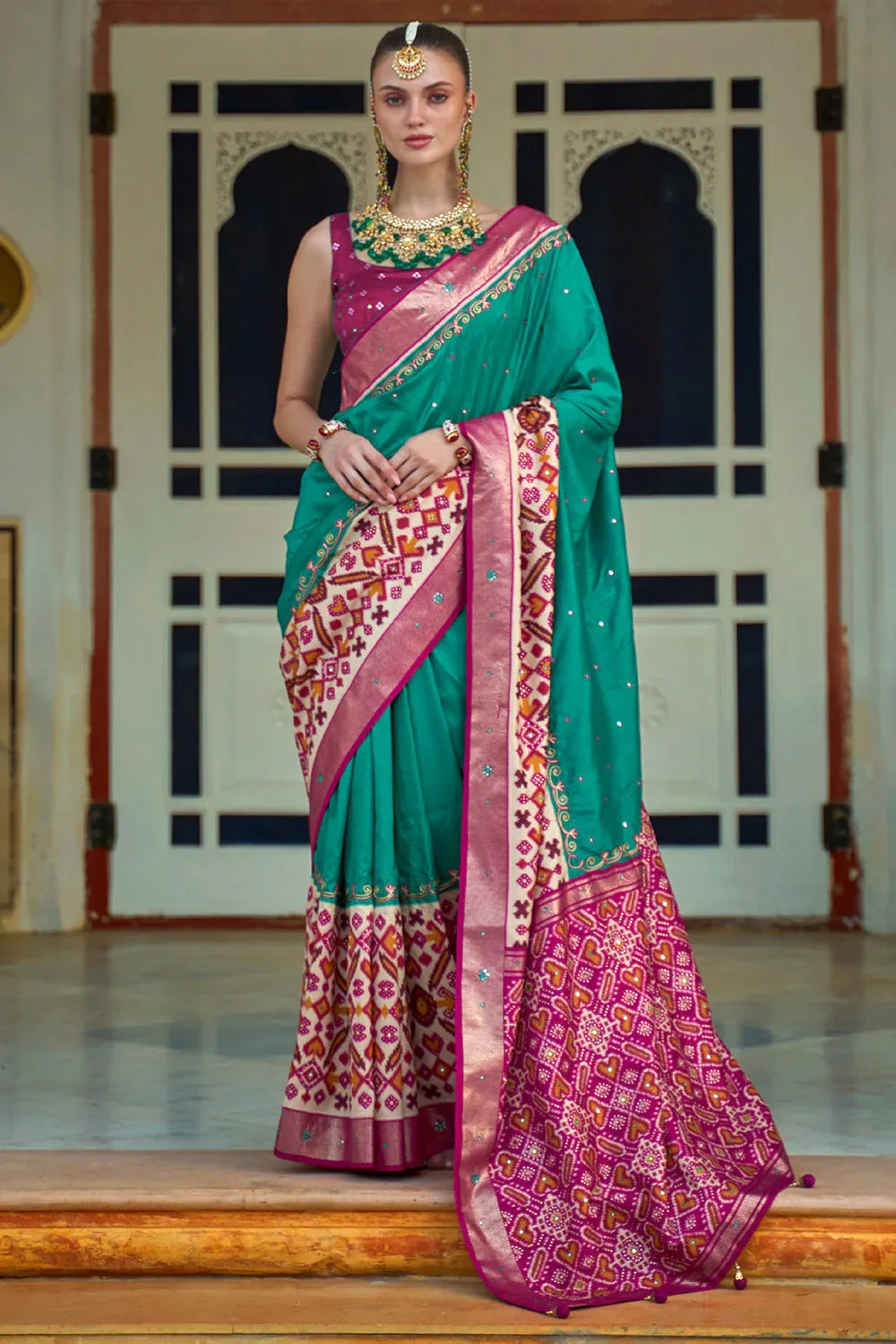 Green And Pink Patola Saree - EZBER