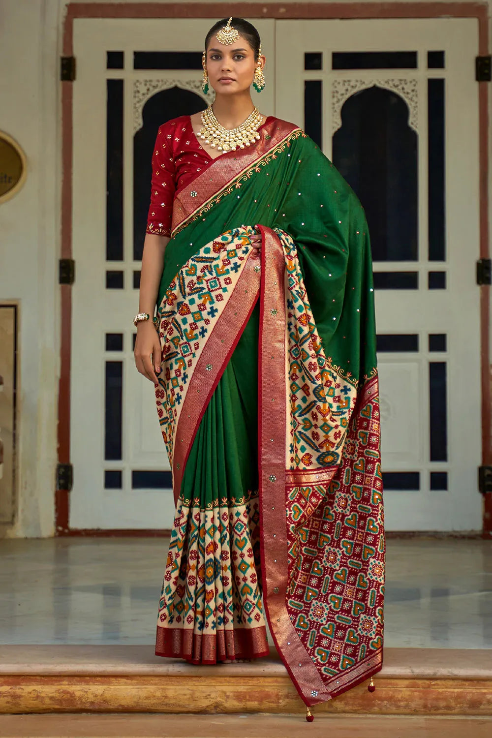 Green And Red Patola Saree - EZBER