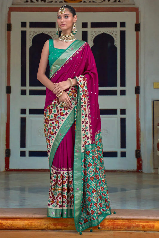 Pink And Green Patola Saree - EZBER