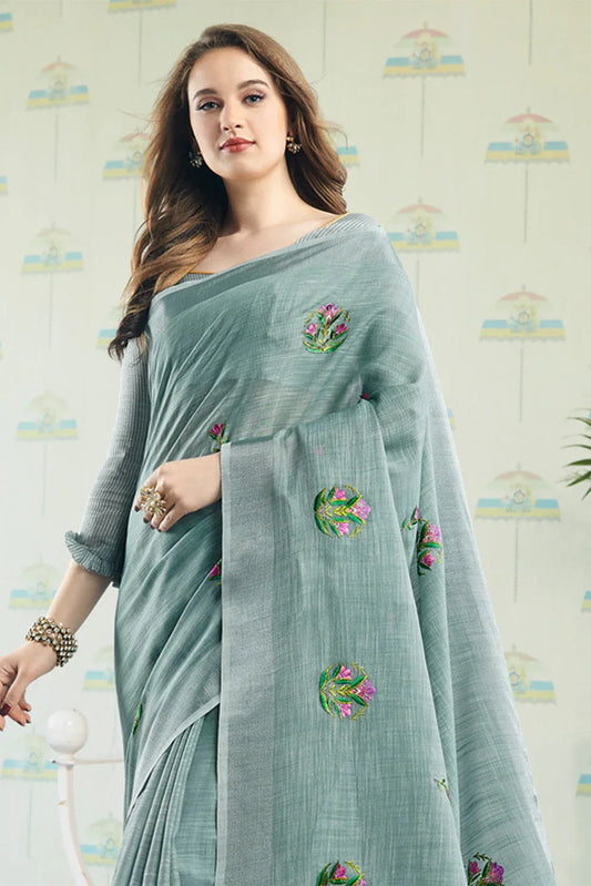 Grey Linen Blend Cotton Saree With Blouse Piece - EZBER