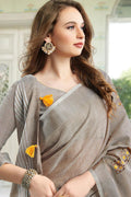 Beige Linen Blend Cotton Saree With Blouse Piece - EZBER