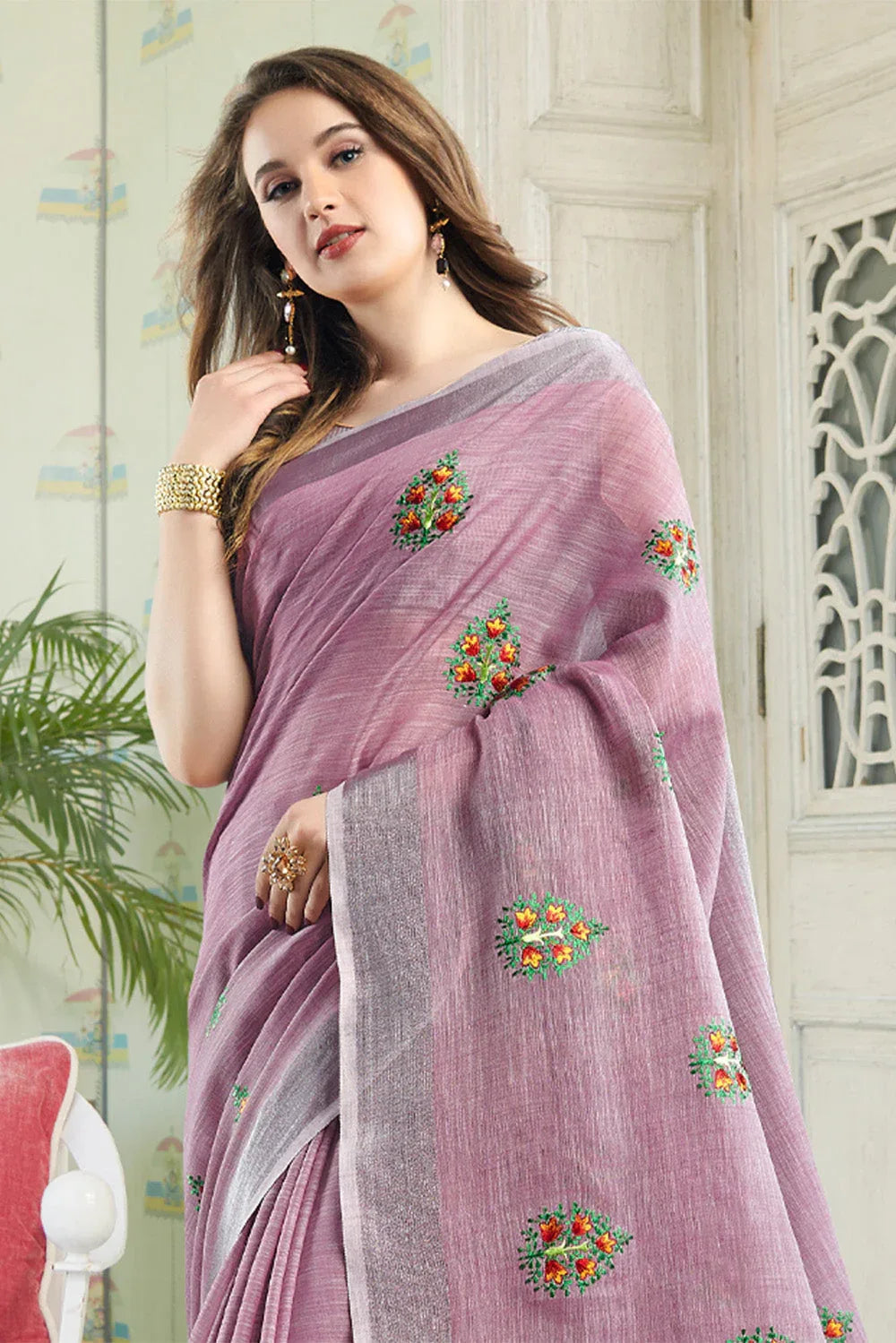 Purple Linen Blend Cotton Saree With Blouse Piece - EZBER