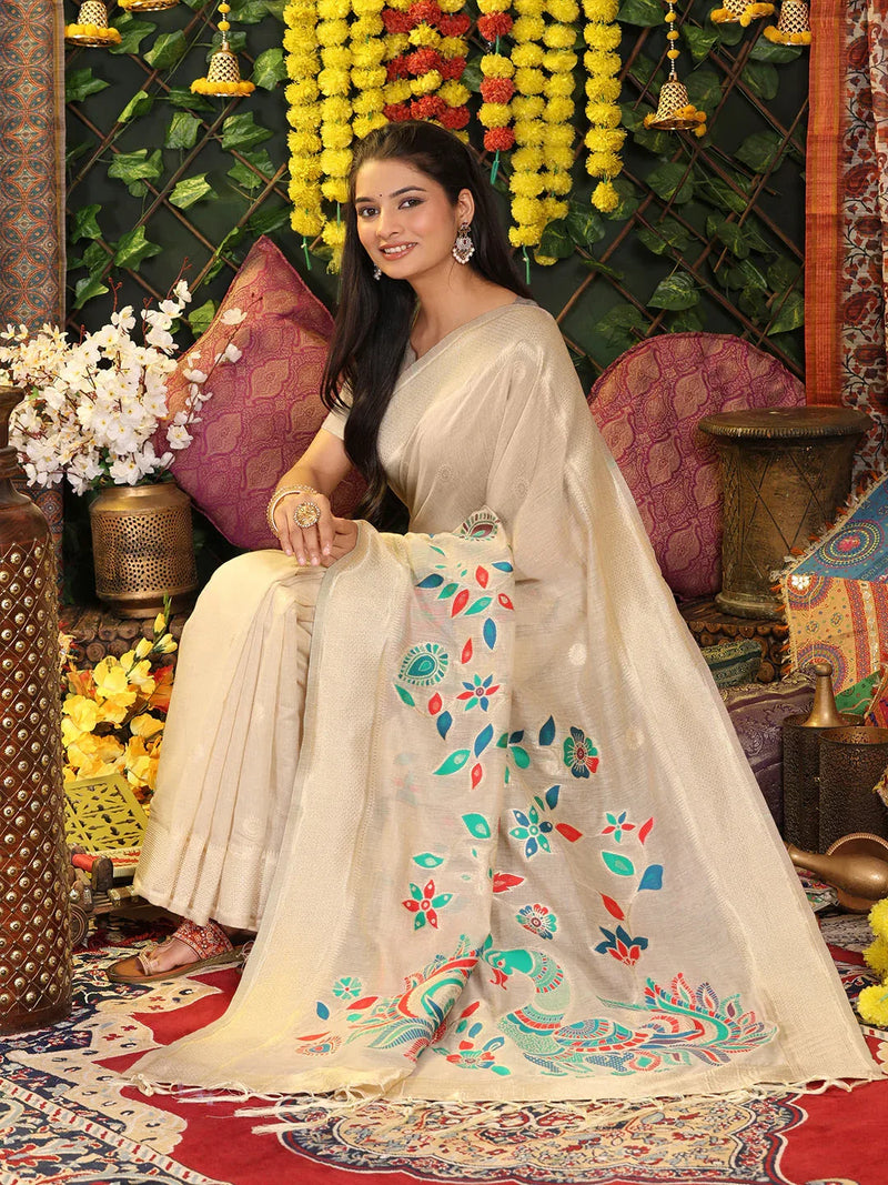 Cream Linen Cotton Saree With Blouse Piece - EZBER