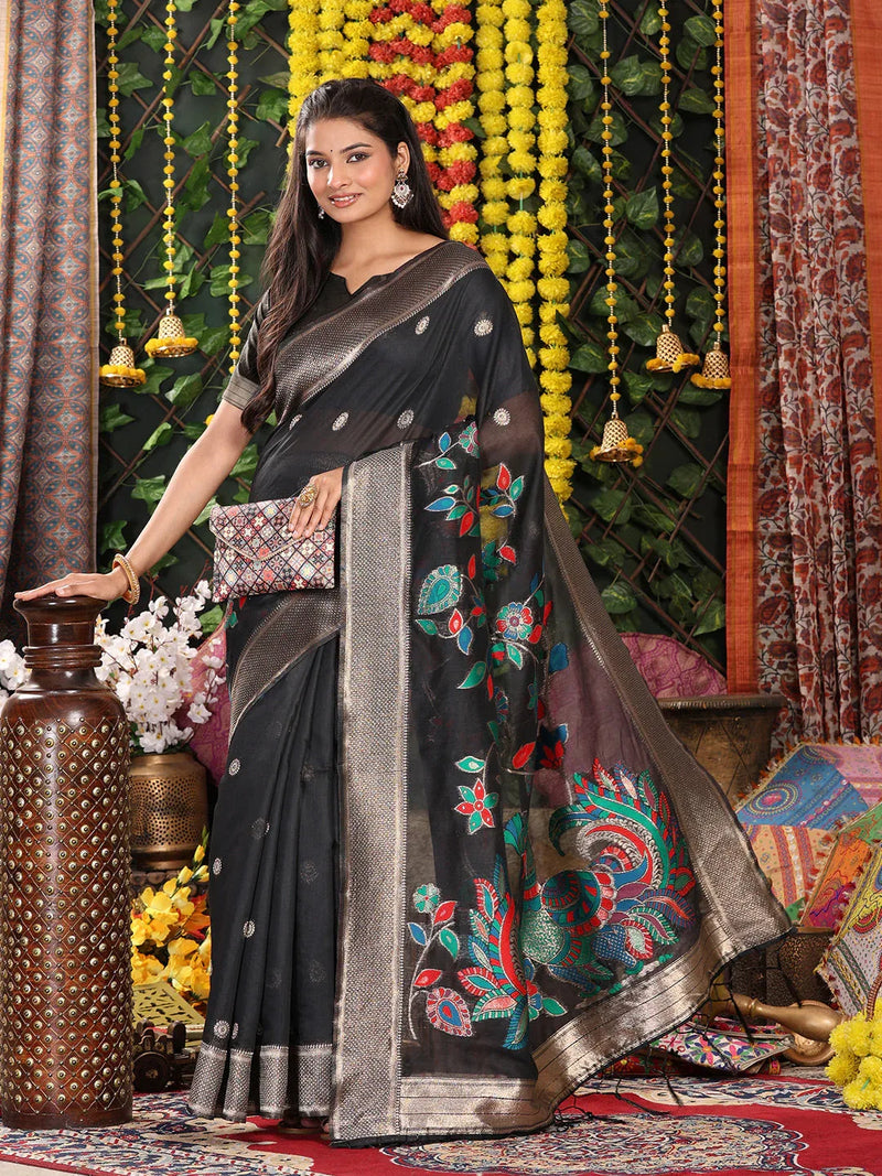 Black Linen Cotton Saree With Blouse Piece - EZBER