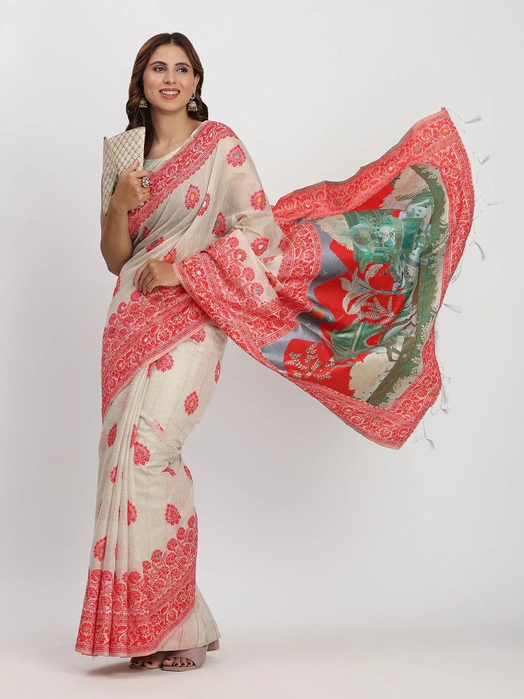 Cream & Red Linen Cotton Saree With Blouse Piece - EZBER