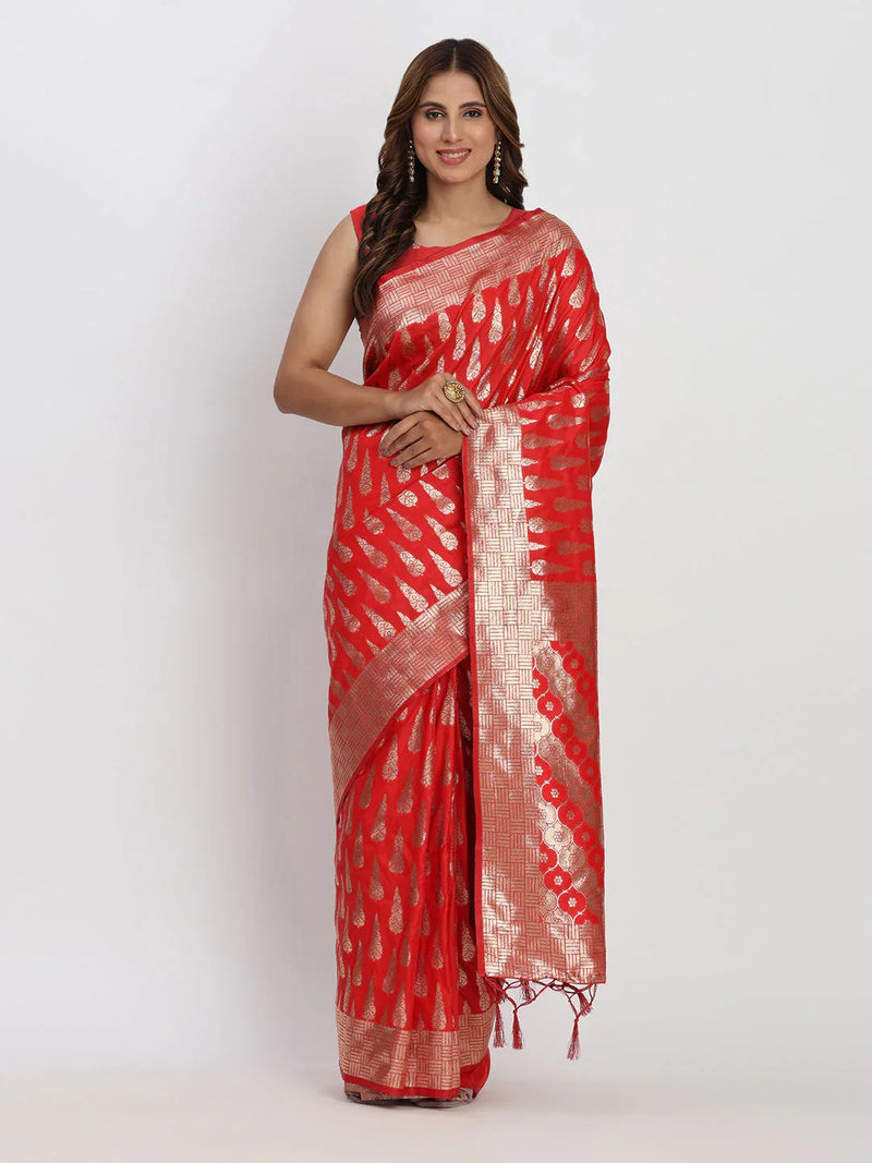 Red Banarasi Silk Saree With Blouse Piece - EZBER