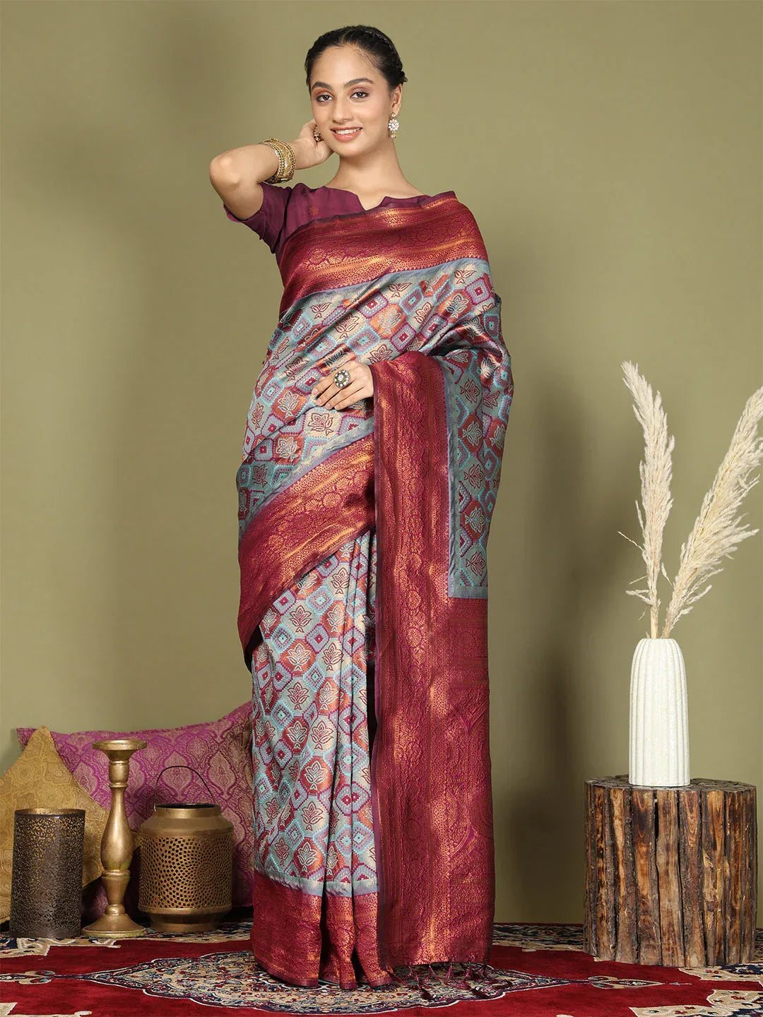 Teal Lichi Silk Saree With Blouse Piece - EZBER