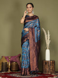 Sky Blue Lichi Silk Saree With Blouse Piece - EZBER