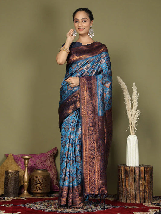 Sky Blue Lichi Silk Saree With Blouse Piece - EZBER