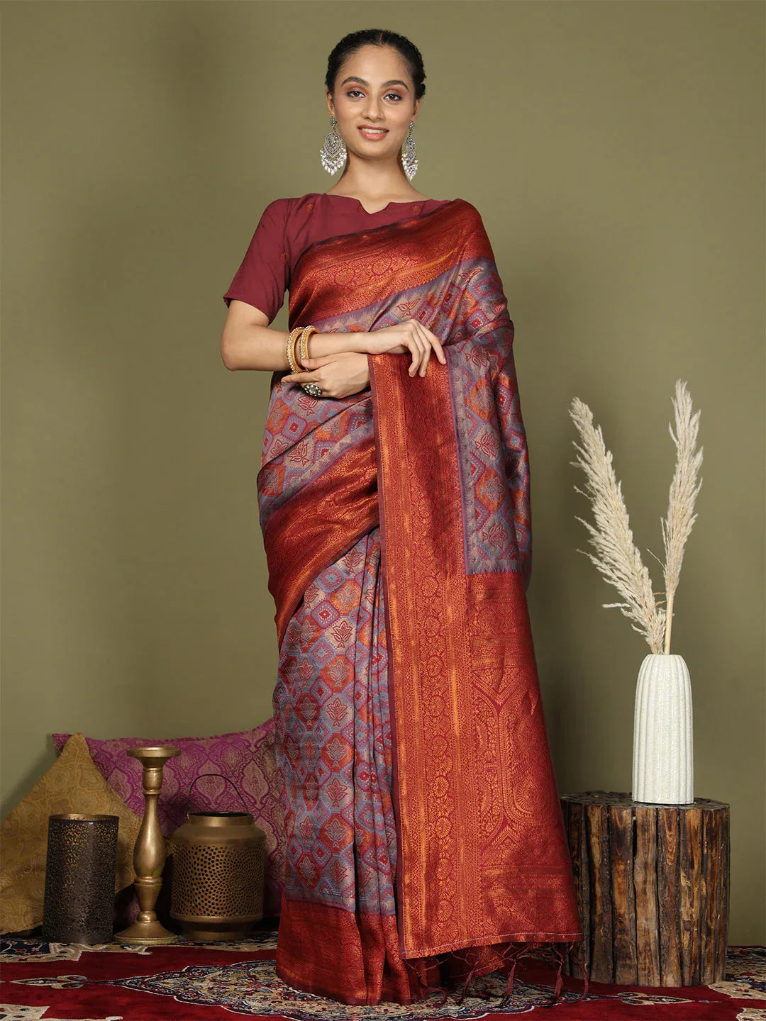 Grey Lichi Silk Saree With Blouse Piece - EZBER