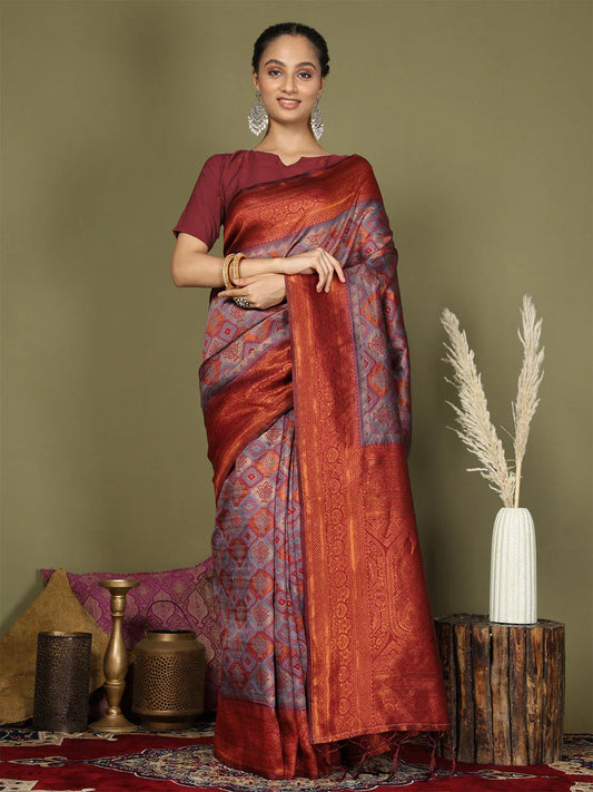 Grey Lichi Silk Saree With Blouse Piece - EZBER