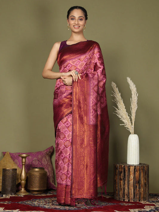 Light Pink Lichi Silk Saree With Blouse Piece - EZBER