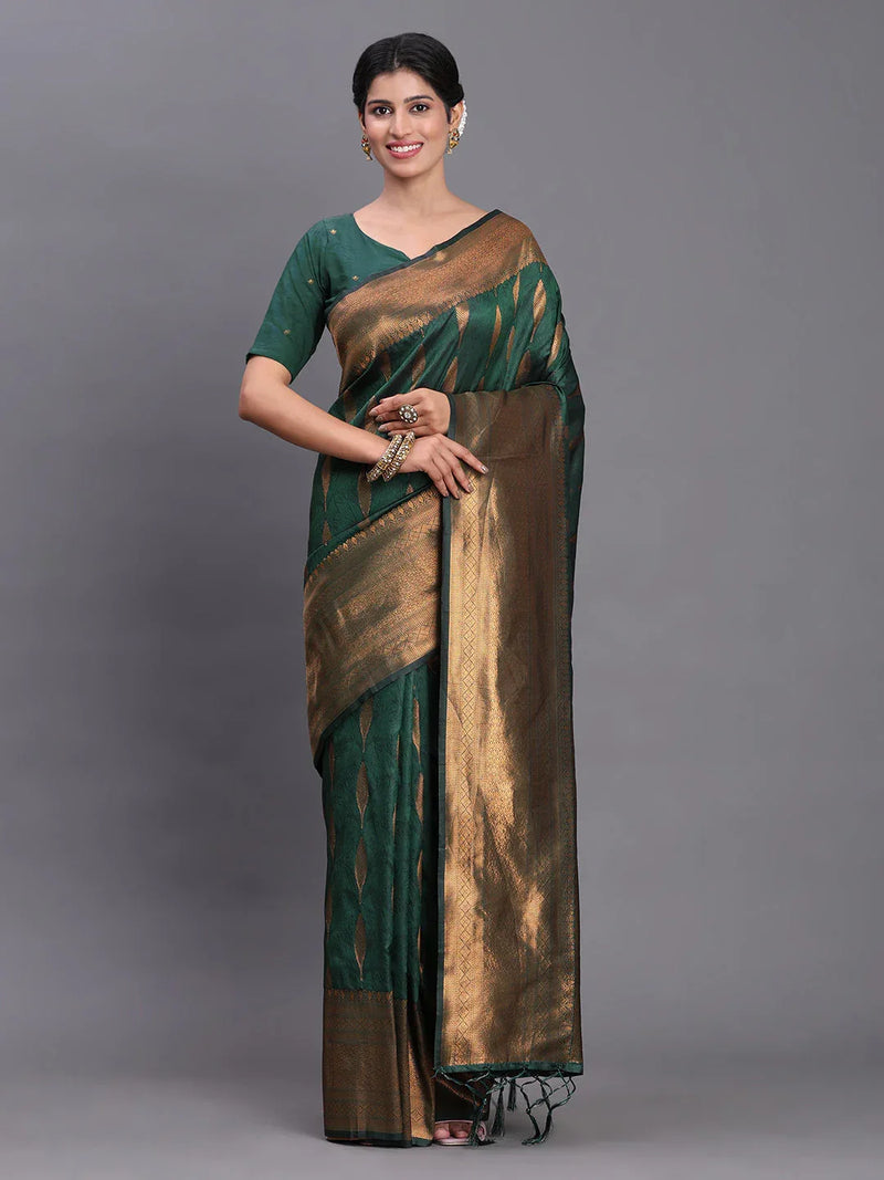 Dark Green Silk Saree With Blouse Piece - EZBER