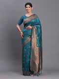 Teal Blue Silk Saree With Blouse Piece - EZBER