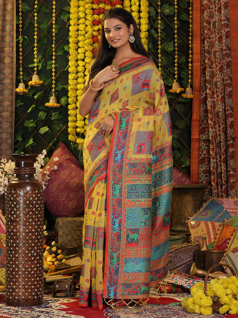 Yellow Linen Cotton Saree With Blouse Piece - EZBER