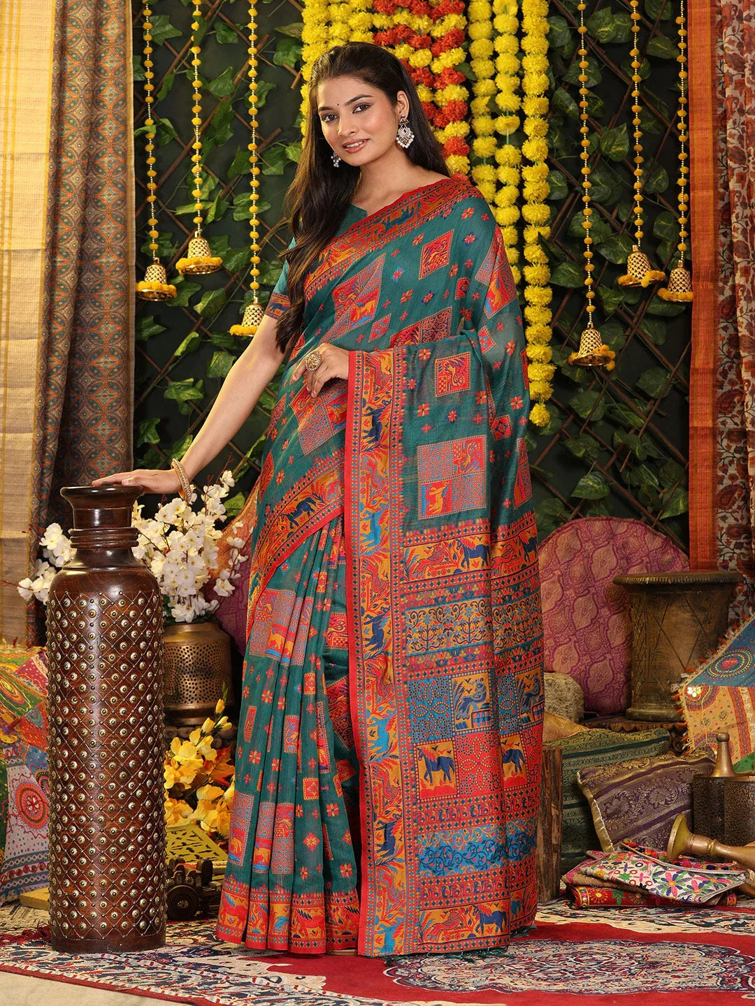 Rama Green Linen Cotton Saree With Blouse Piece - EZBER