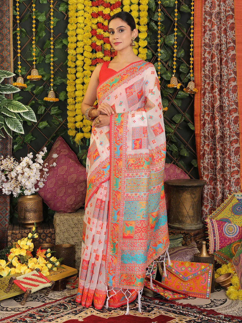 White Linen Cotton Saree With Blouse Piece - EZBER